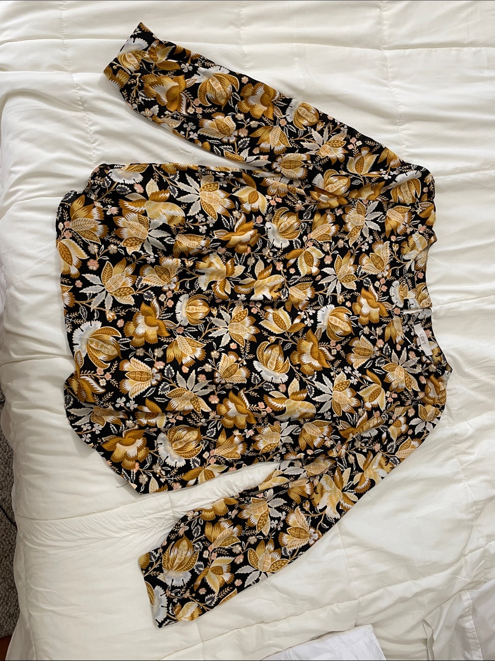 LOFT Black Floral Blouse with Mustard and Pink Accents